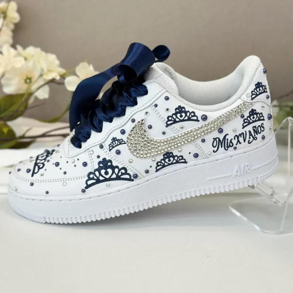 Custom Air Force 1 – Navy Crowns & Crystals for Mis XV Años